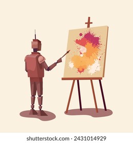 Vector illustration of a robot painting dye splashes on an easel. Cyborg creator. Innovative contemporary art. Exploring creativity with artificial intelligence. 