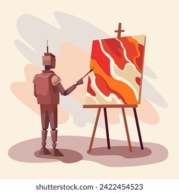 Vector illustration of a robot painting on an easel. Exploring creativity with artificial intelligence. Innovative contemporary art. Cyborg creator