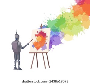 Vector illustration of a robot painting watercolor rainbow splashes on an easel. Techno creativity. Cyborg creator. Innovative contemporary art. Exploring creativity with artificial intelligence.