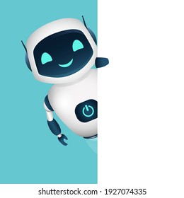 vector illustration robot peep out from behind the corner white walls banner on blue background