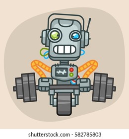 Vector Illustration, Robot Picks Up Heavy Barbell, Format EPS 10