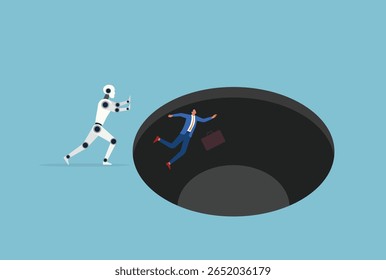 Vector illustration of a robot pushing a businessman into a hole, representing the challenges and risks humans face as artificial intelligence and automation advance
