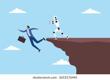 Ilustração vetorial de um robô empurrando um empresário para fora do topo de uma montanha, simbolizando o impacto disruptivo da ia na liderança tradicional e no domínio humano na indústria
