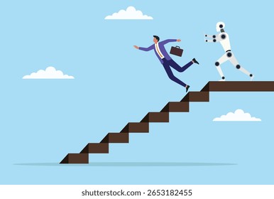 Ilustração vetorial de um robô empurrando um homem de negócios das escadas, simbolizando o impacto disruptivo da ia desafiando as trajetórias de carreira tradicionais e o domínio humano no local de trabalho
