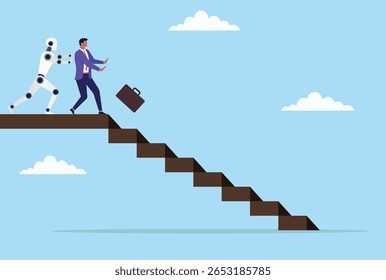 Ilustração vetorial de um robô empurrando um homem de negócios das escadas, simbolizando o impacto disruptivo da ia desafiando as trajetórias de carreira tradicionais e o domínio humano no local de trabalho

