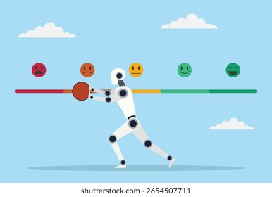 Vector illustration of a robot pushing a feedback bar from positive to negative, highlighting the role of AI in managing critical feedback and identifying areas for improvement
