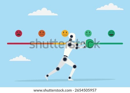 Vector illustration of a robot pushing a feedback bar from negative to positive, symbolizing AI enhancing customer experience, satisfaction, and service quality
