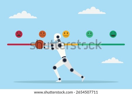 Vector illustration of a robot pushing a feedback bar from positive to negative, highlighting the role of AI in managing critical feedback and identifying areas for improvement
