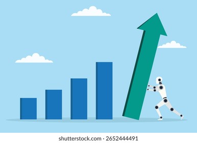 Vector illustration of a robot pushing an upward arrow bar, symbolizing the role of artificial intelligence and automation in driving growth, progress, and business success
