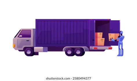 Vector illustration of a robot putting boxes into a truck. Concept of automation technologies in logistics. Loading and unloading. Robotic fulfillment system. Flat cartoon style. Isolated background.