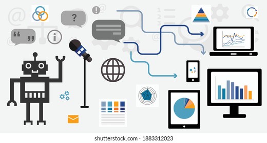 vector illustration of robot screens microphones for media AI analytics