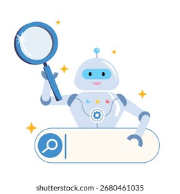 Ilustración vectorial de Robot con barra de búsqueda y lupa. Aprendizaje automático con tecnología y humanidad.