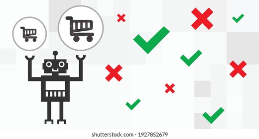 ilustración vectorial del robot con coches de compras cruza y símbolos de punzonado para la compra y las opciones