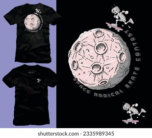 Vector illustration of robot skateboarding on the moon. Art in retro cartoon style for print on t-shirts, decoration, posters and etc...