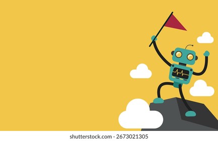 Vector illustration of a robot standing on a cliff peak surrounded by clouds, waving a flag as a symbol of success, victory, achievement, career growth, and business accomplishment.