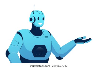 Imagen vectorial de un robot que sonríe mientras demuestra algo con su mano. Se puede usar como afiche que transmite la idea de posibilidades tecnológicas en el campo de la robótica. 