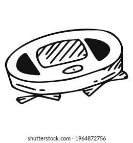 Vector illustration with robot vacuum cleaner in doodle style. Small compact vacuum cleaner.