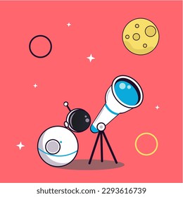 ilustración vectorial de un robot observando la luna a través de un telescopio