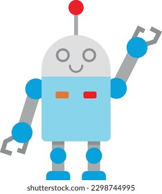 Ilustración vectorial de un robot saludando. Ciencia, tecnología y robótica. Bots de inteligencia artificial. Simpático robot de juguete.