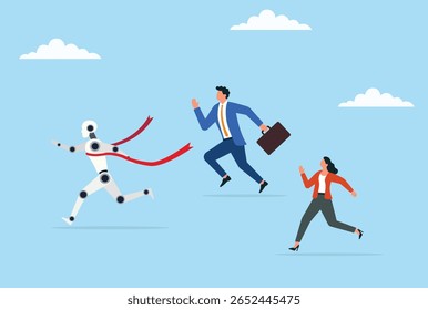 Vector illustration of a robot winning a race, symbolizing the rapid advancement of artificial intelligence and technology surpassing traditional human limits
