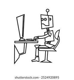 Vector illustration of a robot working at a computer