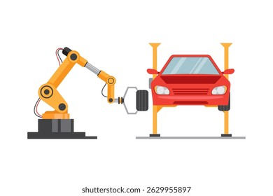 vector Illustration of a robotic arm handling a car component in a high-tech facility. Depicts automation and efficiency in vehicle manufacturing and repair industries.