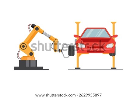 vector Illustration of a robotic arm handling a car component in a high-tech facility. Depicts automation and efficiency in vehicle manufacturing and repair industries.