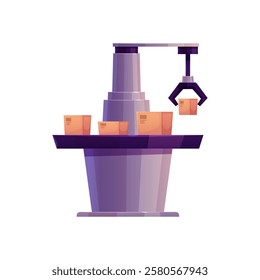 Vector illustration of robotic equipment putting boxes. Conveyor. Automated system of innovation in logistics. Industry management. Flat cartoon style. Isolated background.