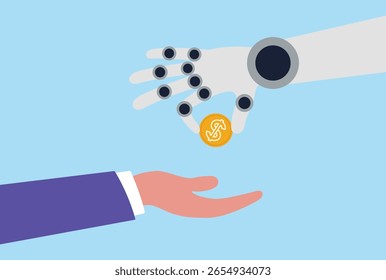 Ilustración vectorial de una mano robótica que da una moneda de oro a una mano humana, que simboliza la Asistencia financiera de la IA, el pago digital, la automatización en la banca y la tecnología en las transacciones comerciales
