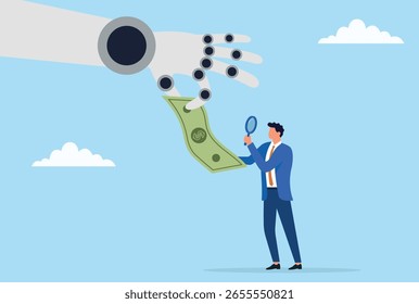 Ilustração vetorial de uma mão robótica entregando dinheiro a um empresário inspecionando-o com uma lupa, simbolizando o escrutínio de transações financeiras alimentadas por IA e confiança
