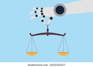 Ilustração vetorial de uma mão robótica segurando uma escala de equilíbrio, simbolizando a harmonia entre tecnologia, ética e justiça na era da IA e automação
