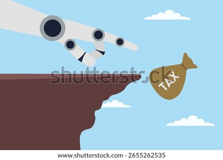 Vector illustration of a robotic hand pushing a tax sack off a mountain peak, symbolizing automation’s role in reducing tax burdens and disrupting traditional financial systems
