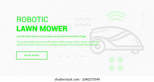 Vector illustration of robotic lawn mower banner on white background.