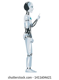 Vector illustration of a robotic man pointing with hand and finger to the side. Cartoon realistic humanoid robot. Flat robot. Side view. RPA Robotic progress automation concept.