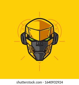 Vector Illustration, Robotic Mecha Soldier Head with geometrical background