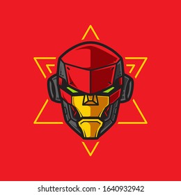 Vector Illustration, Robotic Mecha Soldier Head with geometrical background