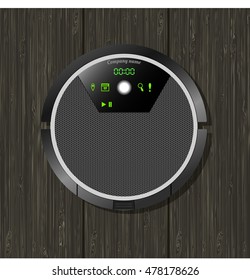 vector illustration of a robotic vacuum cleaner with electronic board on wooden texture, view from above