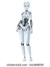 Vector illustration of a robotic woman with the white background. Cartoon realistic humanoid robot. Flat robot. Front view. RPA Robotic progress automation concept illustration.