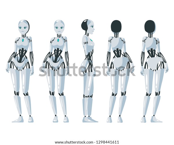 白い背景にロボット女性のベクターイラスト 漫画のようなリアルな人間型ロボット フラットロボット 正面 側面 背面の各ビューrpaロボットの進捗自動化のコンセプト図 のベクター画像素材 ロイヤリティフリー