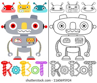 Vector illustration of robots cartoon, coloring book or page