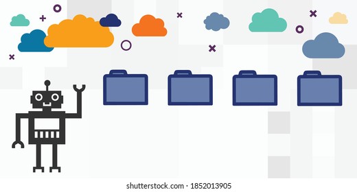 vector illustration of robots louds and files for virtual storage and artificial intelligence