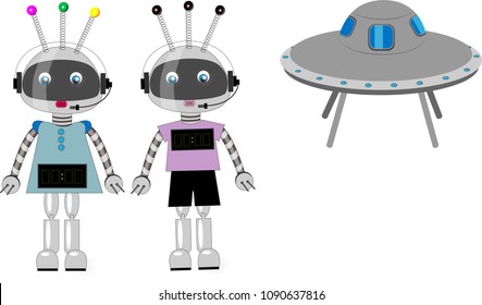 Vector illustration of robots and a spaceship