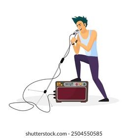 Vector illustration of a rock band vocalist singing passionately with a microphone and stand.