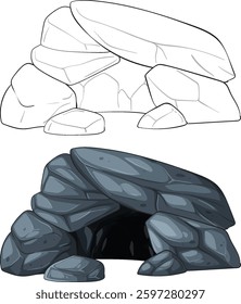 Vector illustration of a rock cave with detailed shading and line art, showcasing a natural and rugged appearance