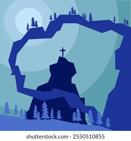 vector illustration of rock cliff view, christmas theme with fir tree elements