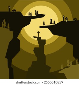 vector illustration of rock cliff view, christmas theme with fir tree elements