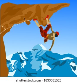 Vektorgrafik eines Bergsteigers und schöner Bergsicht.