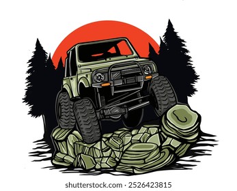 Vector illustration of rock crawling off road vehicle for logo design tshirt
