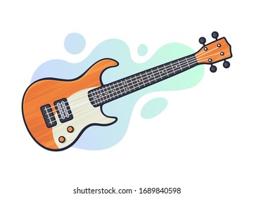 Vector illustration. Rock electro or bass guitar. String plucked musical instrument. Blues, jazz, ska, metal or rock equipment. Clip art with contour for graphic design. Isolated on white background