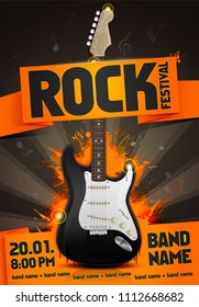 vector illustration rock festival concert party flyer or poster design template with guitar, place for text and cool effects in the background
